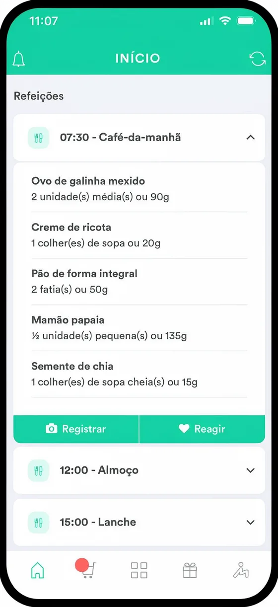 Tela do aplicativo com a dieta do dia: café da manhã com ovo mexido, creme de ricota, pão integral, mamão e semente de chia, com os botões Registrar e Reagir