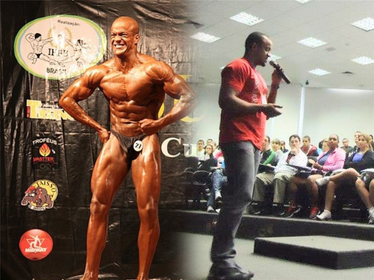Ricardo Santos competindo no fisiculturismo e dando palestra para uma plateia